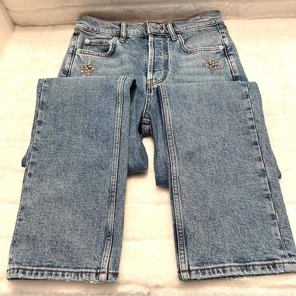 NWT Maje Pagody Crystal Embellished Straight Leg Stretch Denim Button Fly Jeans - Picture 3 of 16